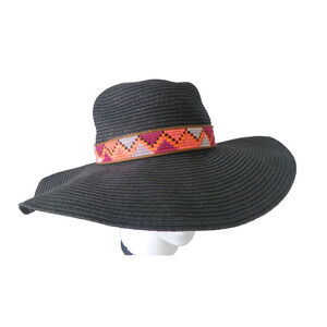 Black Wide Brim Summer Hat Colorful Woven Band Southwest Boho Festival Beach